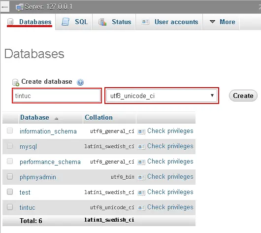 phpMyAdmin, create database