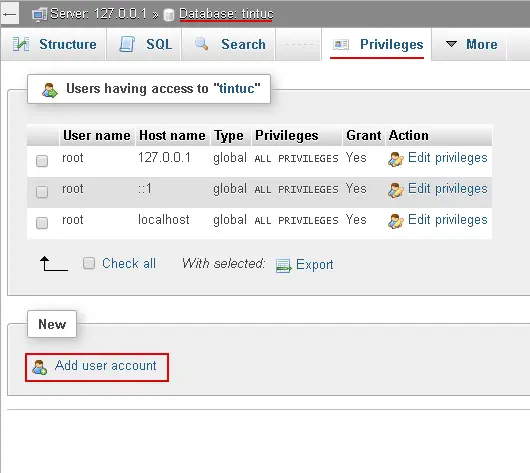 Tạo user database - phpMyAdmin