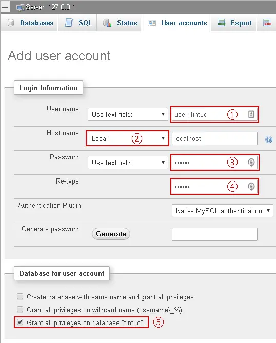 Tạo user - phpMyAdmin