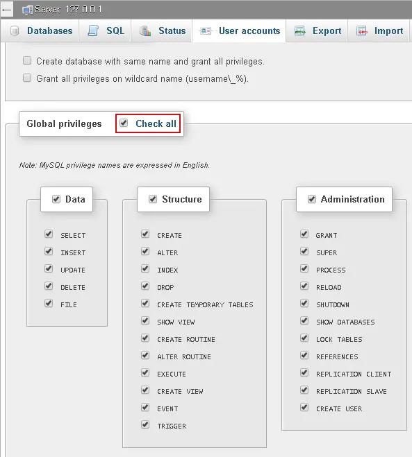 Phân quyền user - phpMyAdmin